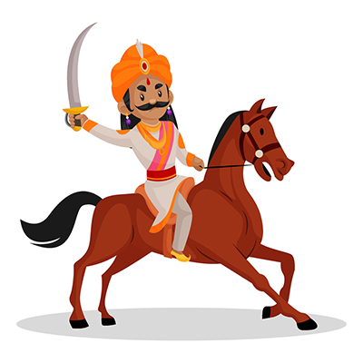 Samrat ashok is riding the horse and holding sword