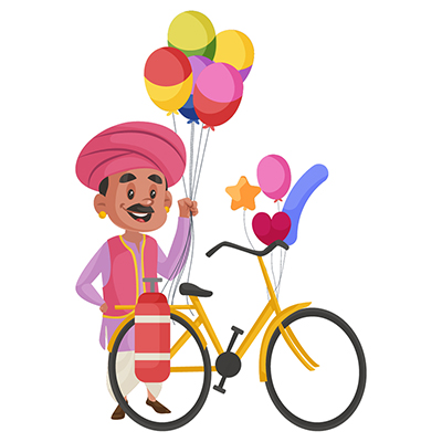 Balloon seller is standing with bicycle and selling balloons