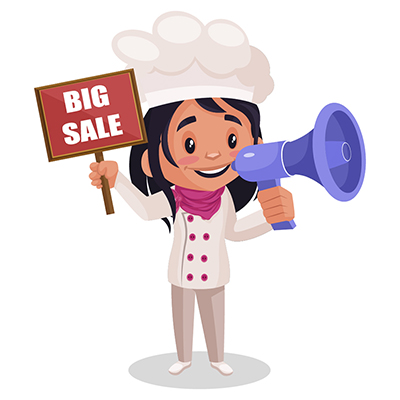 Bakery girl is holding a megaphone and big sale signboard in hands
