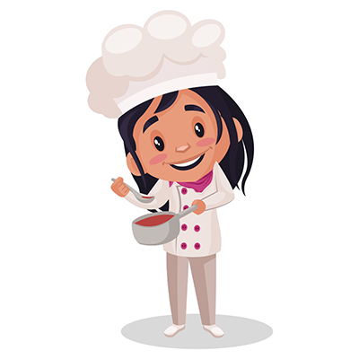 Bakery girl is holding pan of soup and spoon in hands