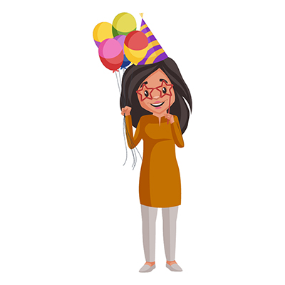 Girl is holding balloons in hand and wearing birthday glasses