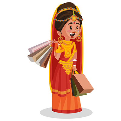 Indian bride is holding shopping bags in hands