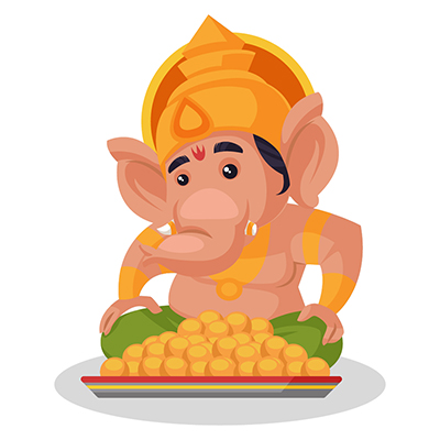 Lord ganesha is sitting in front of the laddu plate