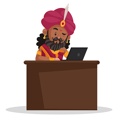 Shakuni is working on a laptop