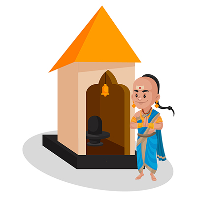 Tenali rama is standing at the temple with greet hands