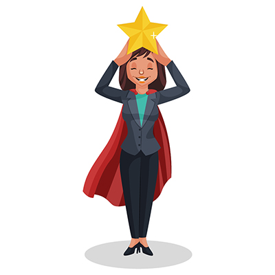 Hr manager is wearing superhero cape and holding star on head