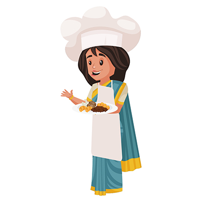 Lady chef is holding the food plate in hand