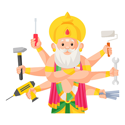 Lord Vishwakarma is doing multitasking with multiple hands