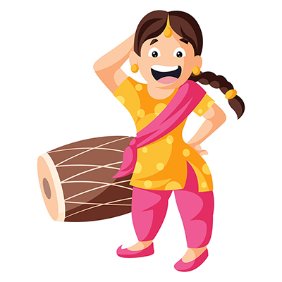 Punjabi woman is standing with dhol and dancing