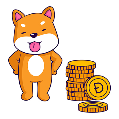 Dog is showing tongue and standing with gold coins