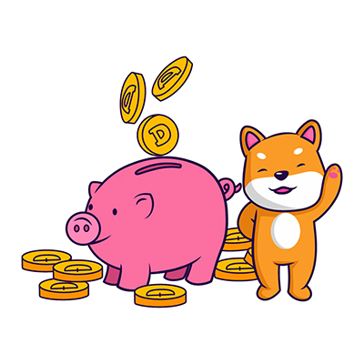 Dog is standing with gold coins and piggy bank