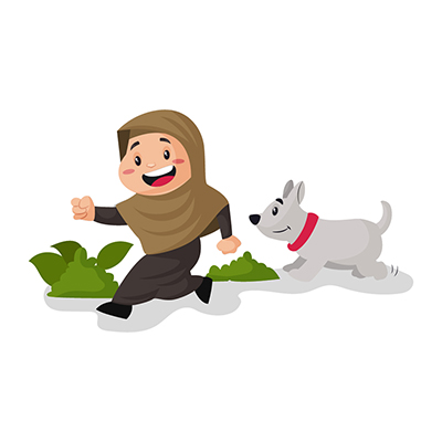 Muslim girl is walking in the park with his dog