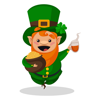Saint Patrick is holding gold coins pot and beer mug in hands