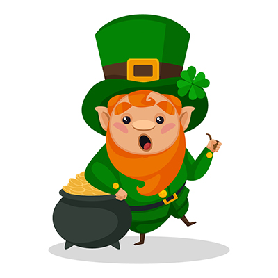 Saint Patrick is standing with a gold coins pot