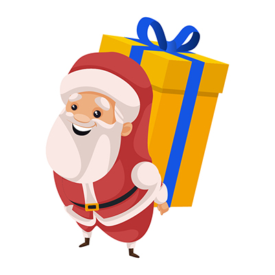 Santa Claus is holding big gift box on his back