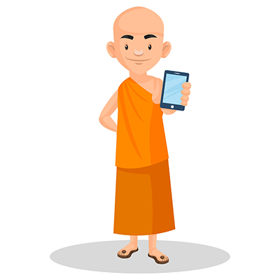 Urban monk is showing a mobile phone