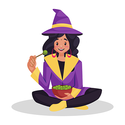 Female astrologer is eating food from a bowl