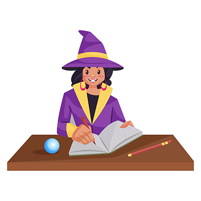 Female astrologer is holding pen and writing on notebook