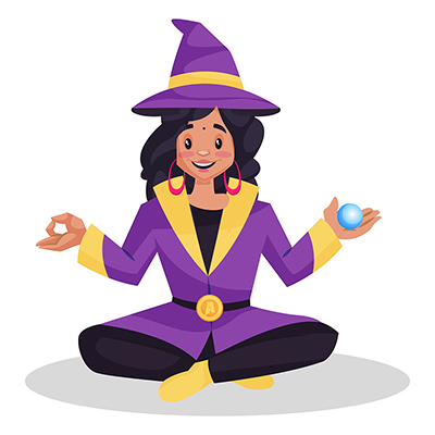 Female astrologer is sitting and holding crystal ball in hand