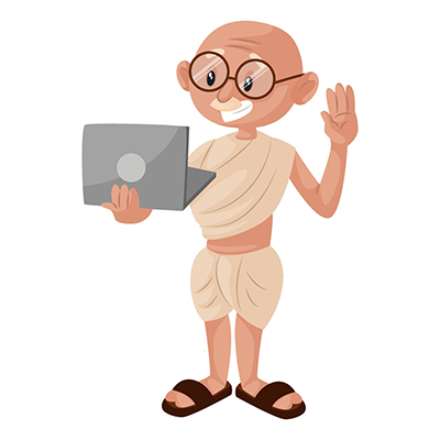 Gandhi ji is holding a laptop in hand
