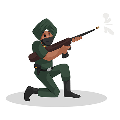 Punjabi soldier is sitting on his knee and firing with a rifle