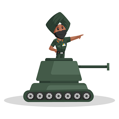 Punjabi soldier is standing on a military tank