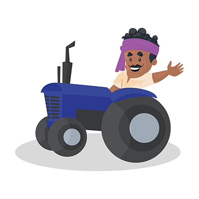 Farmer man is driving a tractor and waving hand