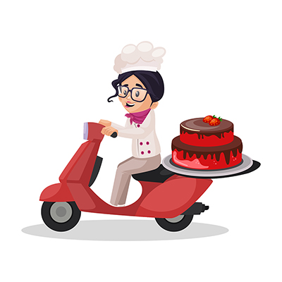 Girl chef is going for cake delivery on scooter