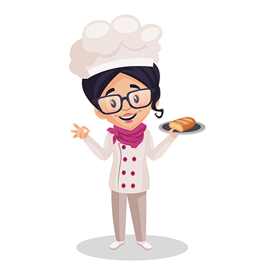 Girl chef is holding bread roll in a plate and showing ok sign