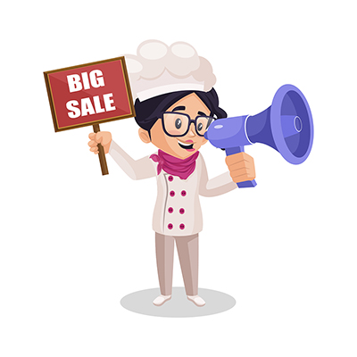 Girl chef is holding megaphone and big sale banner in hands
