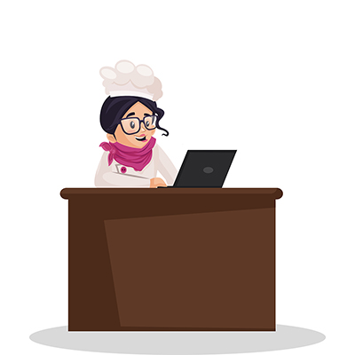 Girl chef is working on a laptop