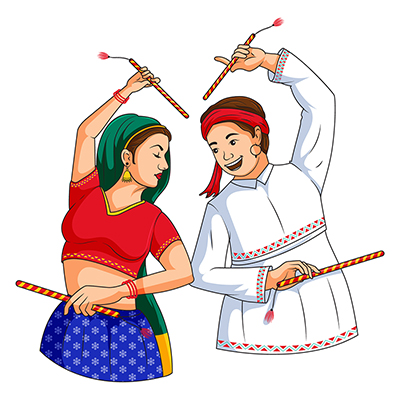 Illustration of a man and woman doing garba dance