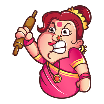 Aunty is angry and holding rolling pin in hand