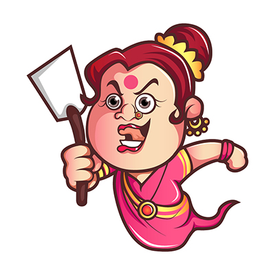 Aunty is holding spatula in hand