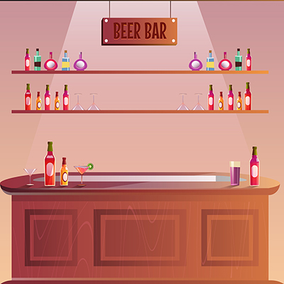 Banner template of beer bar with bottles and drinks glass
