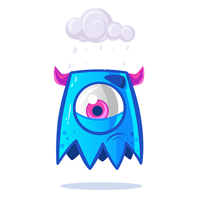 Blue monster is getting wet in the rain