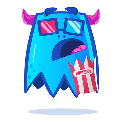 Blue monster is watching cinema and eating popcorns