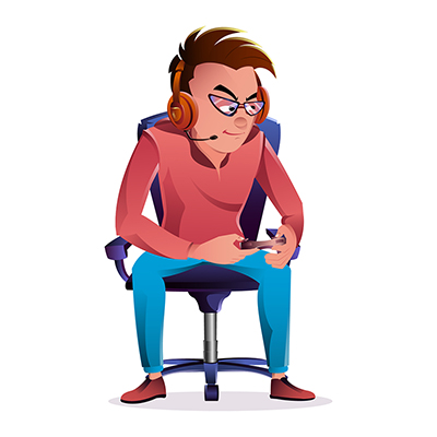 Boy is sitting on the chair and holding game controller in hand