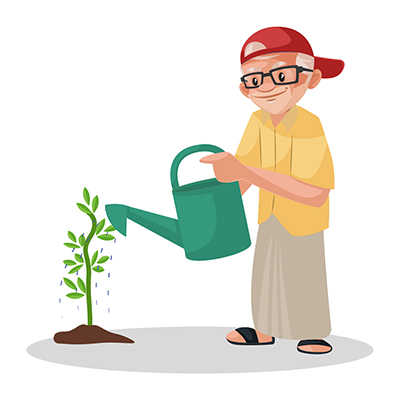 Indian old man is giving water to the plant