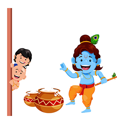 Lord krishna is happy and dancing to see butter pot