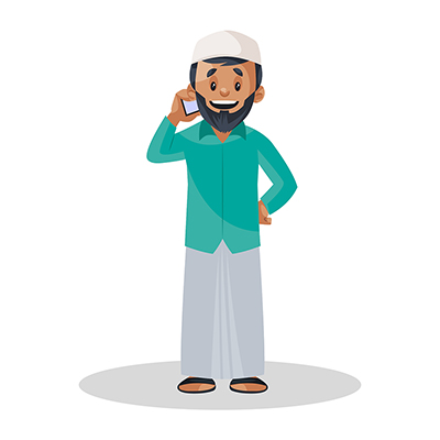 Muslim gardener is talking on a mobile phone