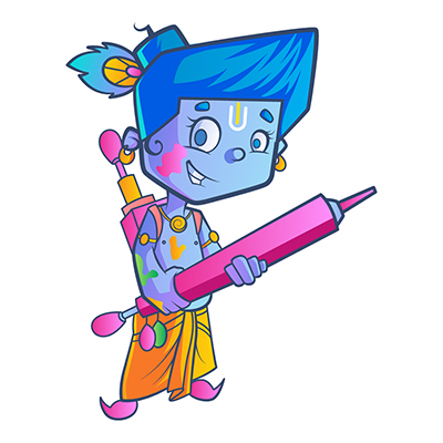Little krishna is holding watergun and playing holi