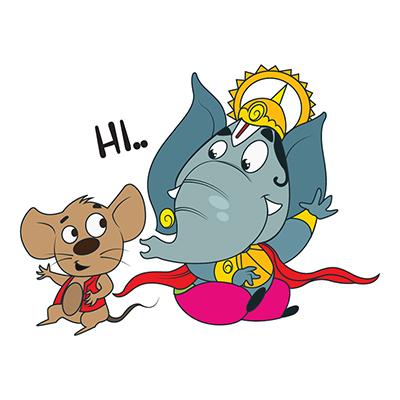Lord ganesha and mouse are waving hands and saying hi