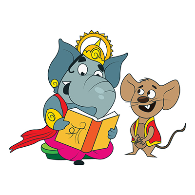 Lord ganesha is reading book with mouse