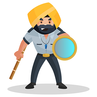 Punjabi watchman is holding stick and flashlight in hand