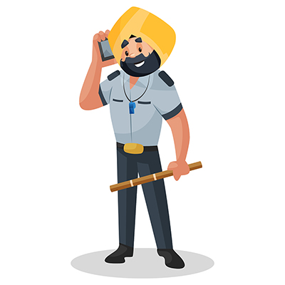 Punjabi watchman is talking on a mobile phone