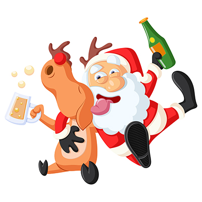 Santa claus is holding beer bottle and celebrating christmas with reindeer