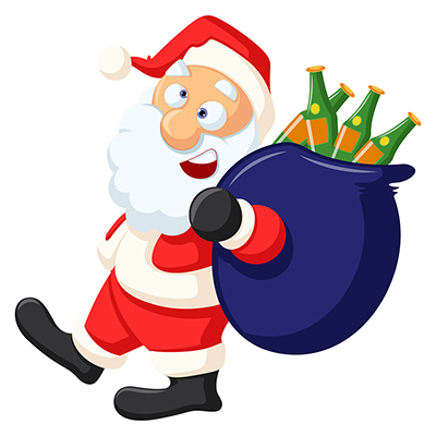 Santa claus is holding beer bottles bag on shoulder