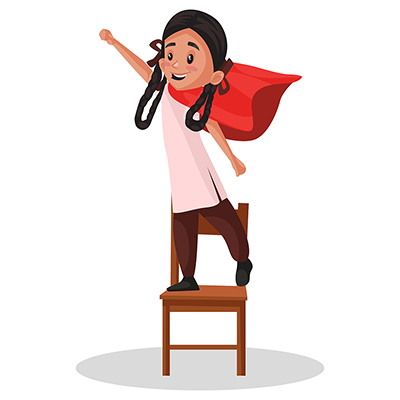 School girl is wearing superhero cape and standing on chair