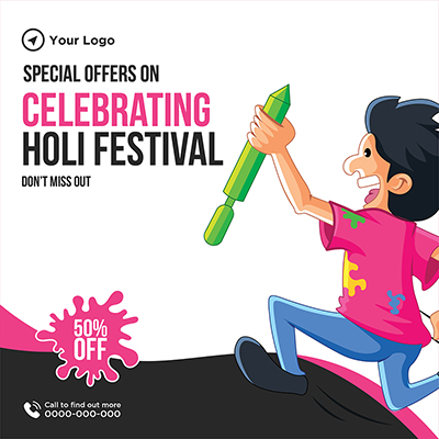 Celebrating holi indian festival on banner post template